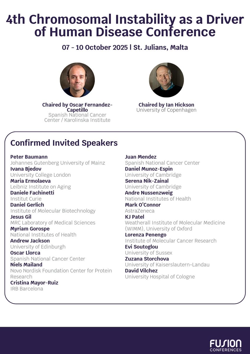Fusion_Conf's tweet image. 🧬 Chairs Ian Hickson & Oscar Fernandez-Capetillo are bringing together experts exploring how cells maintain genome stability & how these insights are driving new therapies.
An exciting 4 days of talks covering fundamental mechanisms to clinical applications, plus lots of…