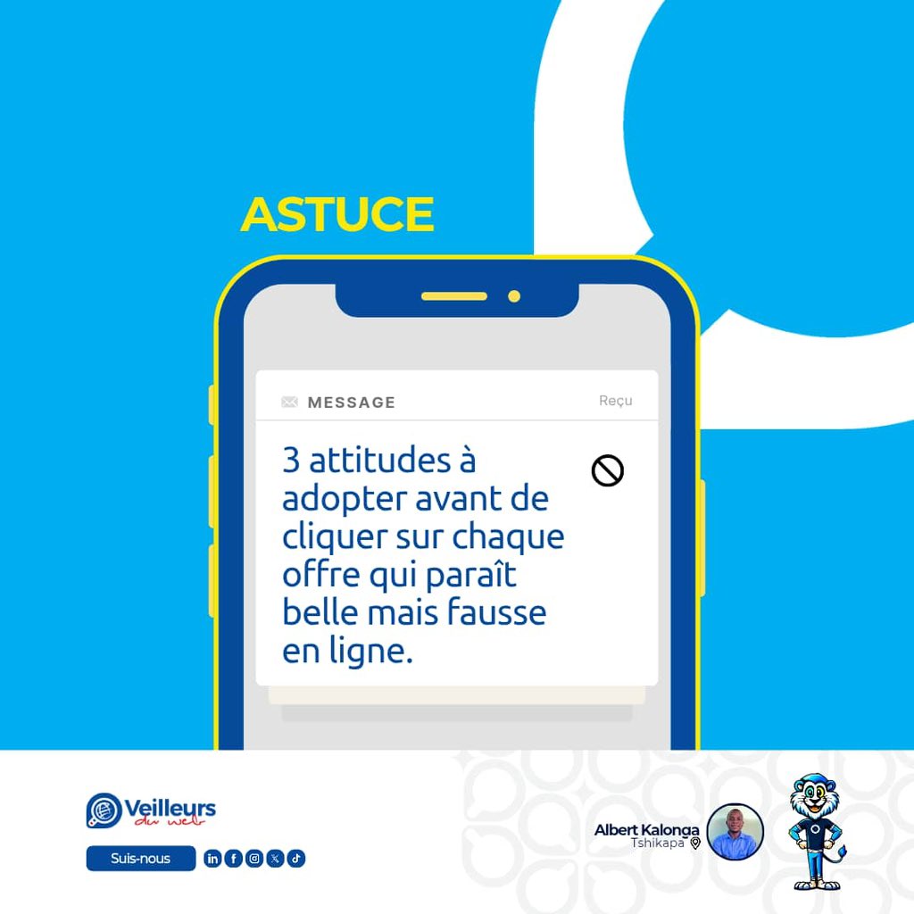 veilleursduweb's tweet image. Cher internaute, il y a des dangers cachés derrière chaque clic sur WhatsApp actuellement. Une erreur suffit pour tomber dans le piège.

Voici trois (3) attitudes à adopter avant de cliquer sur chaque offre en ligne qui paraît belle, mais fausse. 

Ces gestes simples te protègent…