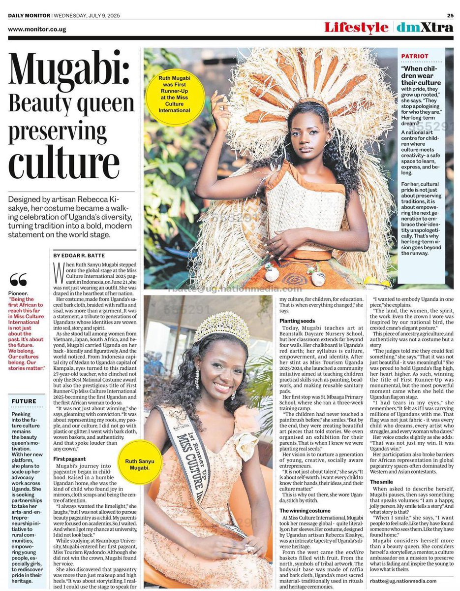 Sanyu Ruth (@ruth5_sanyu) on Twitter photo So honored to see my journey and purpose featured in the <a href="/DailyMonitor/">Daily Monitor</a> newspaper.
A reminder that every step taken with passion and authenticity speaks louder than words. Grateful for the recognition and all who walked this journey with me.
@missculture.intl 2025. So honored to see my journey and purpose featured in the <a href="/DailyMonitor/">Daily Monitor</a> newspaper.
A reminder that every step taken with passion and authenticity speaks louder than words. Grateful for the recognition and all who walked this journey with me.
@missculture.intl 2025.