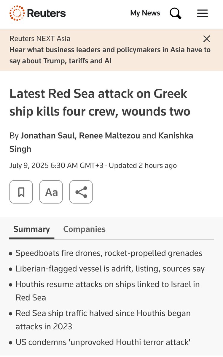 LTC_Shoshani's tweet image. ❗️4 innocent sailors were killed and 2 more wounded in a Houthi terror attack on a Greek-operated cargo ship in the Red Sea.
This attack is yet another reminder: the Houthis are endangering global trade, innocent lives and violating international law.
They are a global threat.