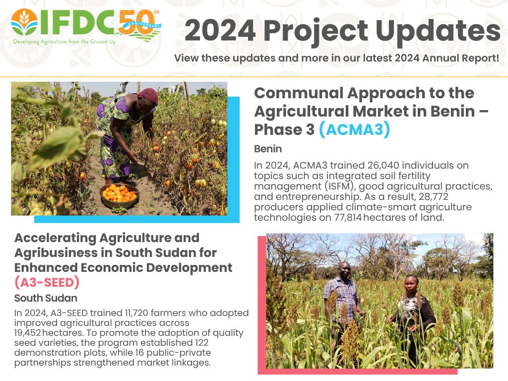 Curious about how IFDC is turning strategy into action?

The 2024 #AnnualReport offers a deep dive into our work across all four strategic pillars, from scaling soil health innovations to strengthening market systems.

Explore project updates from 2024: buff.ly/0DJAriU