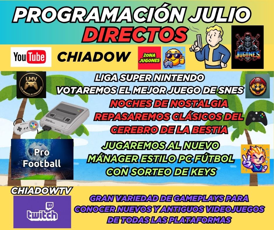 Muy buenas jugones, aquí tenéis los directos que vienen a lo largo de todo este mes. Variedad y diversión para todos los gustos tanto en Youtube como en Twitch.