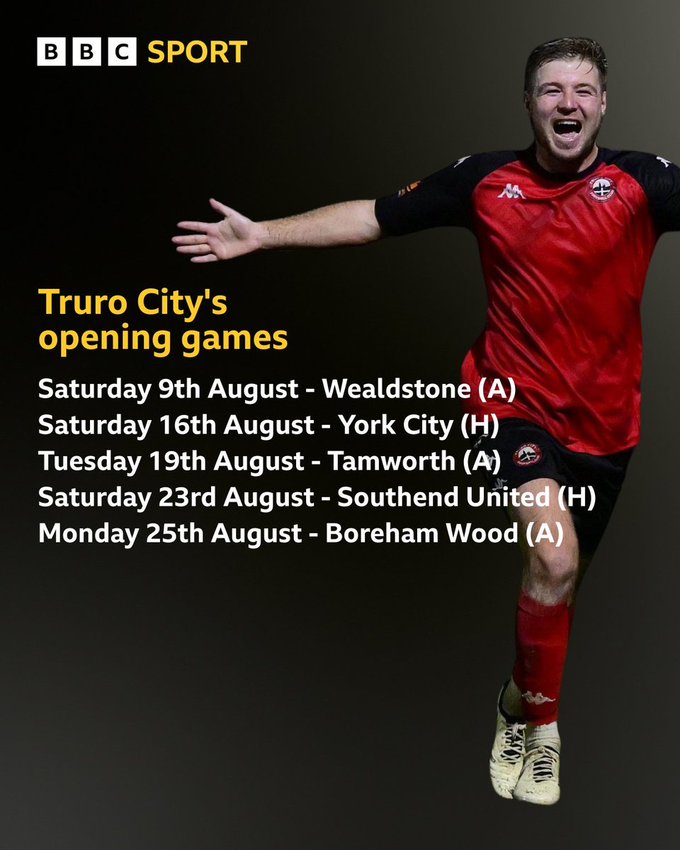 BBC Sport Cornwall (@cornwallsport) on Twitter photo The fixtures are here!
Truro City begin life in the National League away at Wealdstone
They'll make their longest journey to Gateshead on Saturday 25th October
It's Yeovil Town at home on Boxing Day and away on Good Friday The fixtures are here!
Truro City begin life in the National League away at Wealdstone
They'll make their longest journey to Gateshead on Saturday 25th October
It's Yeovil Town at home on Boxing Day and away on Good Friday