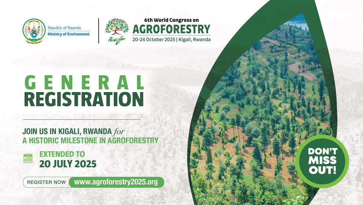 EnvironmentRw's tweet image. For General Registration
Please note: The early bird deadline for general registration is now extended to July 20. Don’t miss the chance to register.
Register : agroforestry2025.org/register/