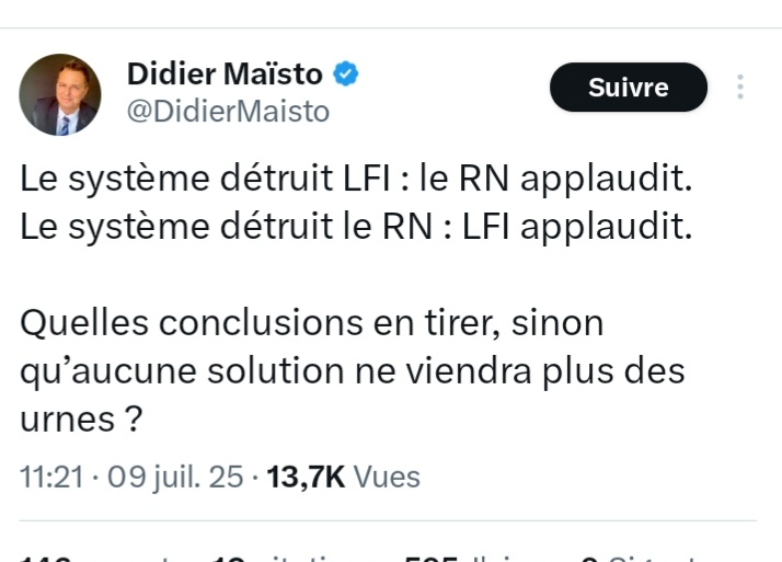 Mais quel foutage de gueule celui là. 
C'est toi qui fait le jeu du système en mettant ensemble la FI et le RN.
Comme si le RN est anti système. 
Le Pen a bloqué la destitution de Macron, le RN a sauvé le cul 7 fois de Bayrou.  Y a pas plus dans le système  que le RN.