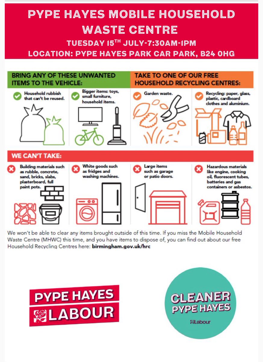 🚛 Bulky Waste Truck – Pype Hayes
📍 Pype Hayes Park, B24 0HG
📅 Tues 15 July | ⏰ 7:30 AM – 1 PM
♻️ Free household waste disposal
⚠️ No early/late drop-offs – fines apply
Spread the word &amp; keep #PypeHayes clean!
#BulkyWasteTruck #CommunityCleanUp #FreeDisposal #Councillor