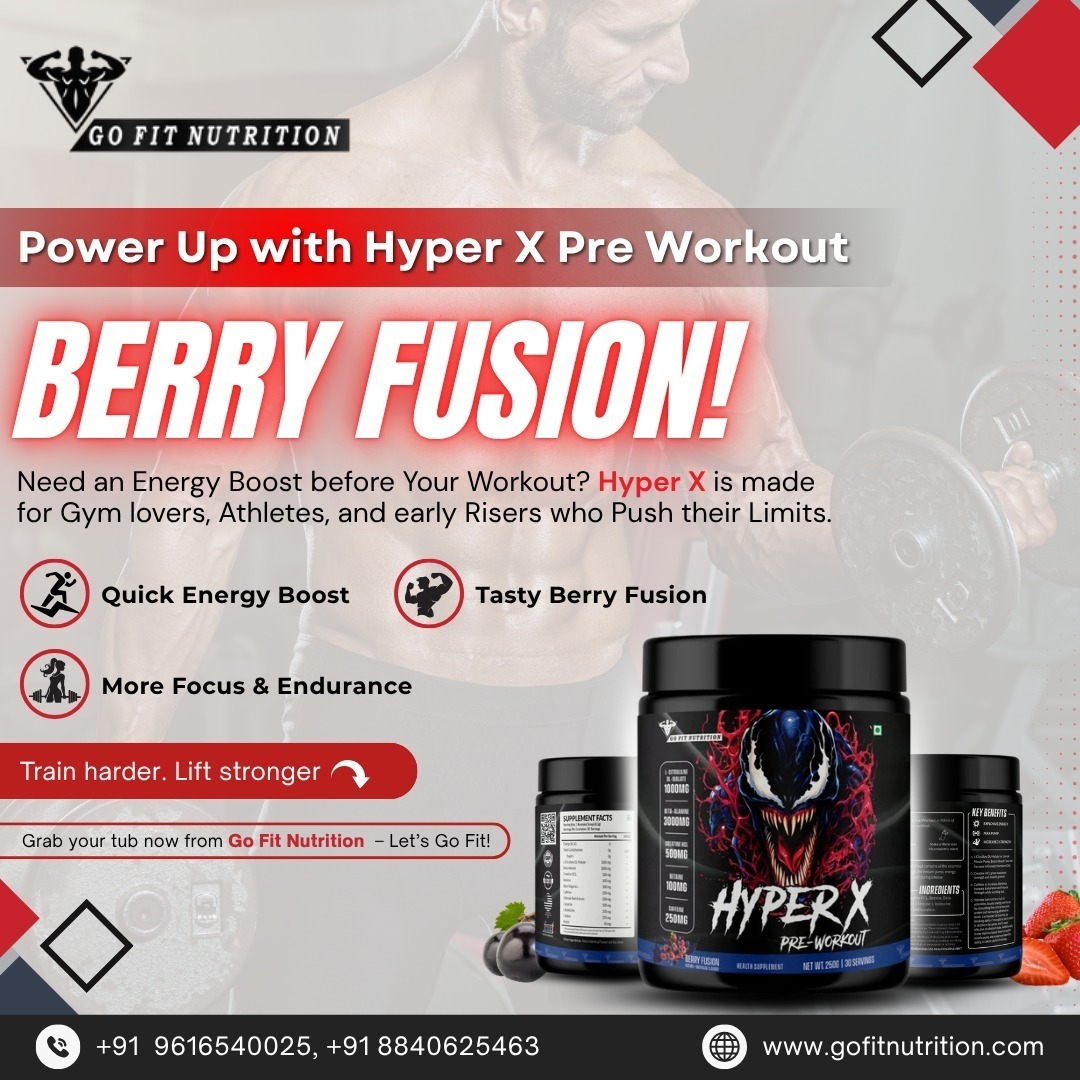 GoFitNutri1290's tweet image. Start your workout with an explosion of energy and flavour. Hyper X Pre-Workout Berry Fusion is designed to wake you up, fuel your strength, and help you push through every rep with power and focus. 

#HyperXPreWorkout #BerryFusionBoost #GoFitNutrition #PreWorkoutFuel #GymEnergy