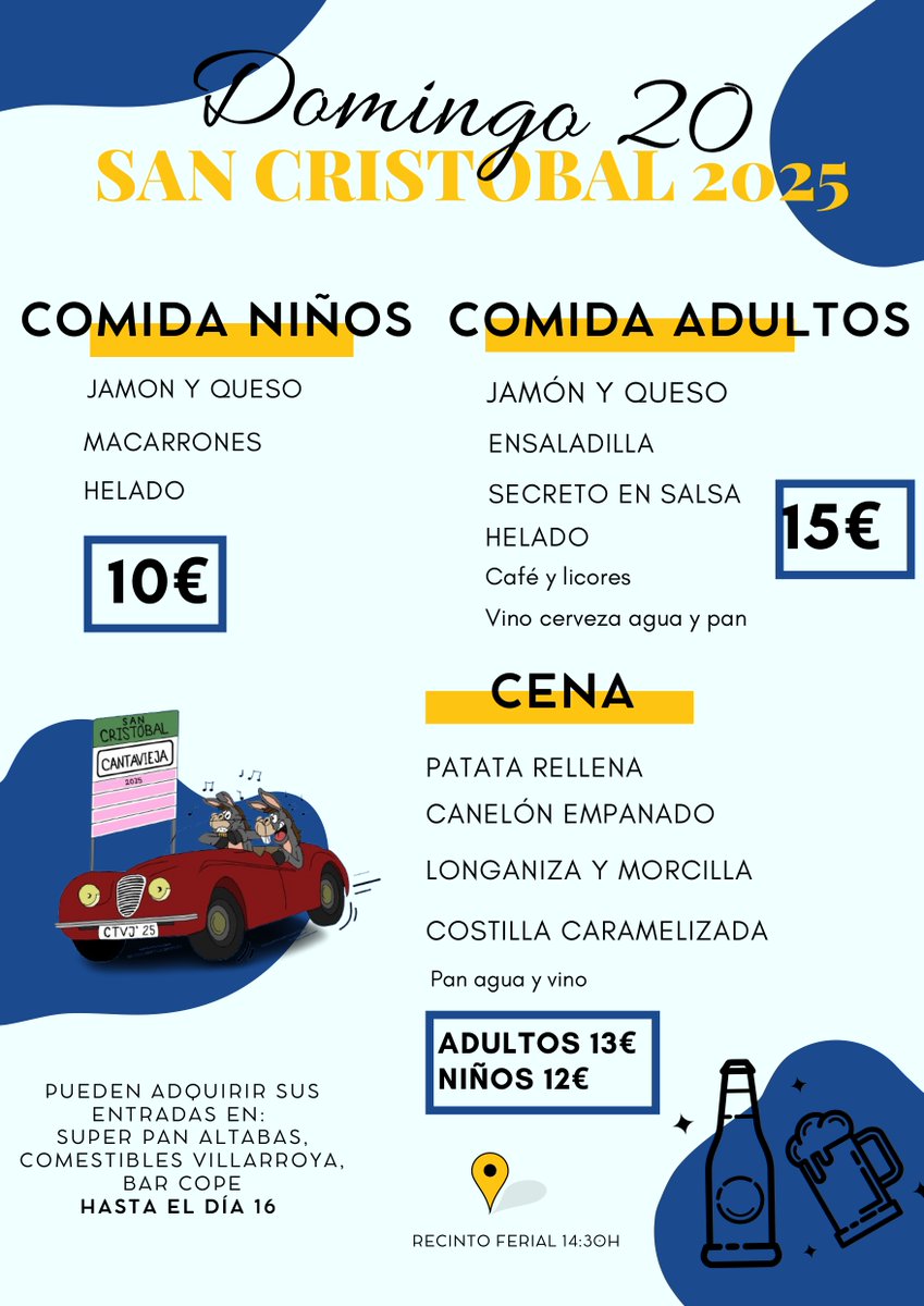 ❗️ Información sobre la comida popular de San Cristóbal 2025

📍 Domingo 20 de julio a partir de las 14.30h en el Recinto Ferial

📲 Consulta en el cartel adjunto el menú para niños y adultos.

🔎 Adquiere tus entradas antes del 16 de julio en los establecimientos locales ⏬
