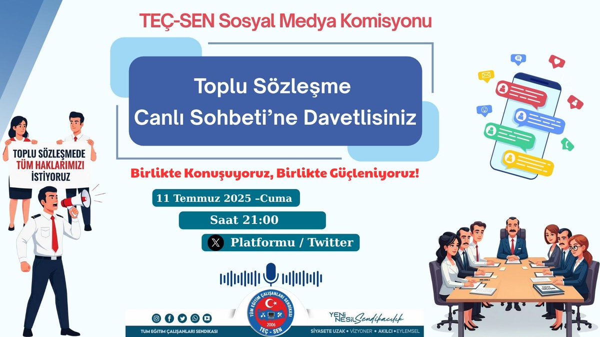 ✊ Toplu Sözleşmede Sesimiz Daha Güçlü Çıkacak!

Haklarımız için, taleplerimiz için birlikte konuşmak ve çözüm üretmek için buluşuyoruz!⏳

🗓️ 11 Temmuz 2025 Cuma
⏰  21:00
📍 X Platformu /Canlı Sohbet

#TEÇSEN #TopluSözleşme #BirlikteGüçleniyoruz

<a href="/tecsensosylmdya/">tecsensosyalmedyaplatformu</a> <a href="/tecsen/">TEÇ-SEN - Tüm Eğitim Çalışanları Sendikası</a>