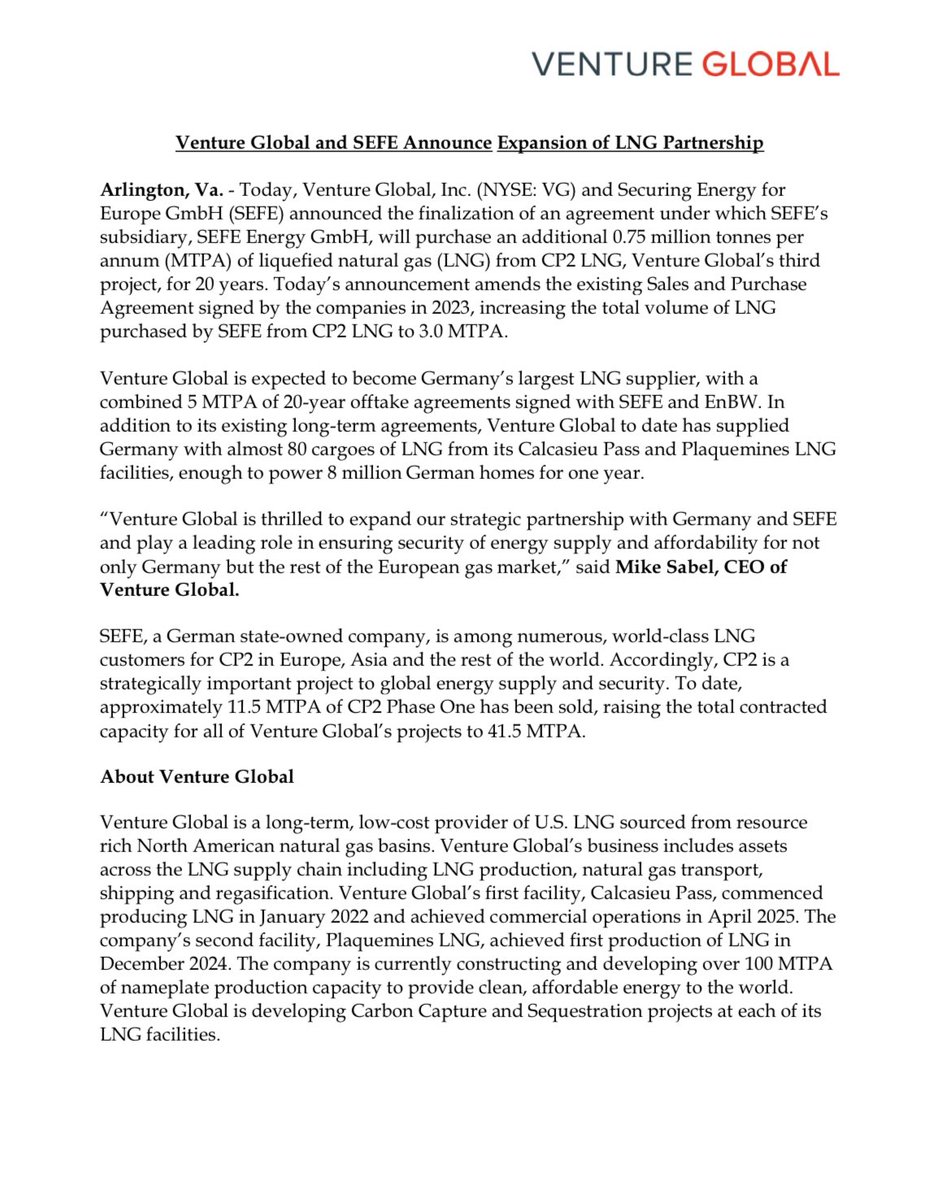 Venture_Global's tweet image. 🚨Venture Global & @SEFEGmbH announce expansion of LNG partnership 🚨
SEFE will purchase an additional 0.75 MTPA of LNG from Venture Global’s CP2 project, increasing the total volume of LNG purchased by SEFE to 3.0 MTPA.
“Venture Global is thrilled to expand our strategic…