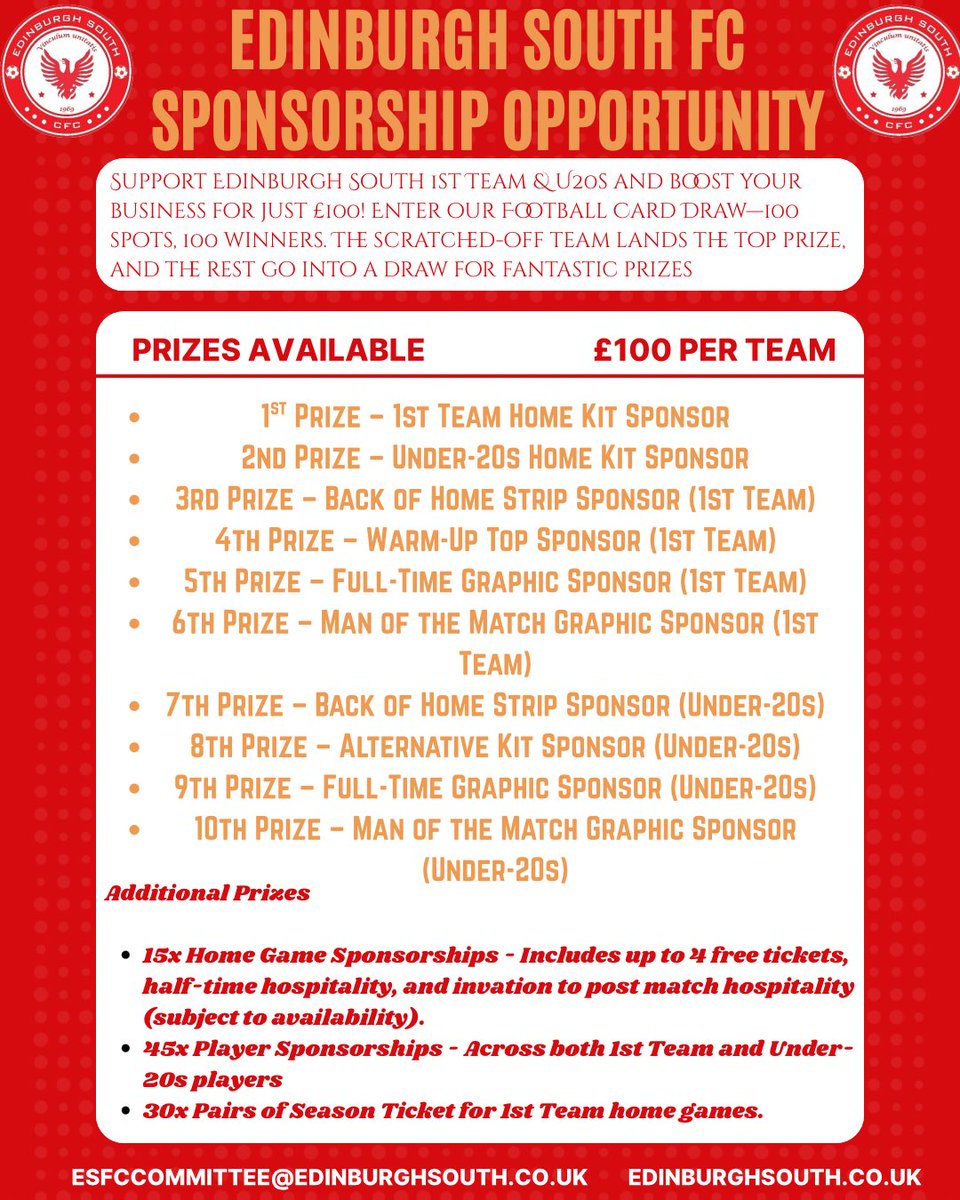 🚨 Our Edinburgh South FC sponsorship card is still running – but closes next Friday, the 18th!

💥 Only £100 per team &amp; you’re guaranteed a prize worth more!

🏆 Prizes include kit sponsorships, graphics, hospitality &amp; more!

📩 Get in touch to buy a team today!