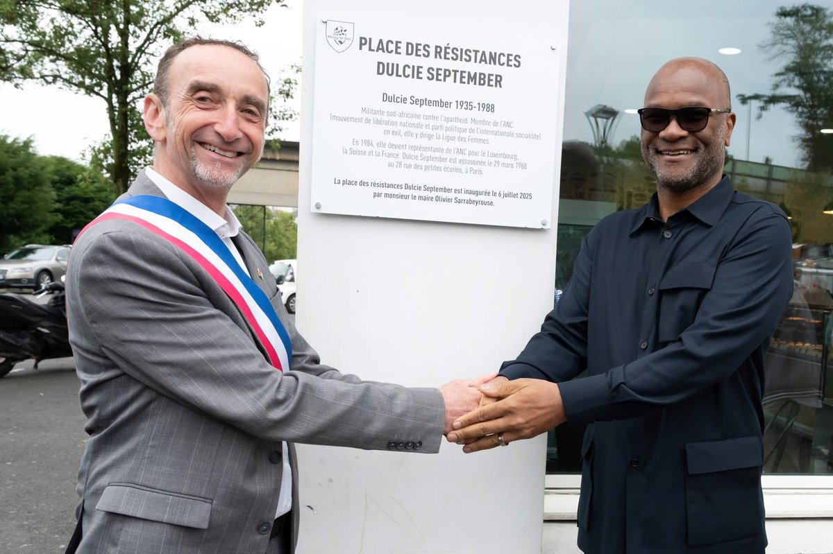 NathiMthethwaSA's tweet photo. We are honoured to attend the inauguration of Place Dulcie-September in Noisy-le-Sec,France.

This Dulcie September’s tribute, reminds us of her legacy in the struggle against apartheid. We commend Mayor Olivier Sarrabeyrouse and all who continue to seek justice. https://t.co/J1e0e8lPKF
