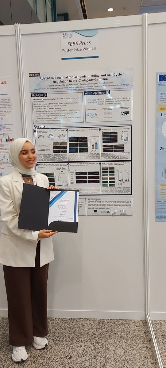 FEBSOpenBio's tweet image. 🏆 Congrats to Farah Shurrab for winning the daily poster prize from FEBS Open Bio today with her poster "RUVB1 is essential for genomic stability and cell cycle regulation in the C. elegans germline"👏
#FEBS2025 #FEBSCongress2025
