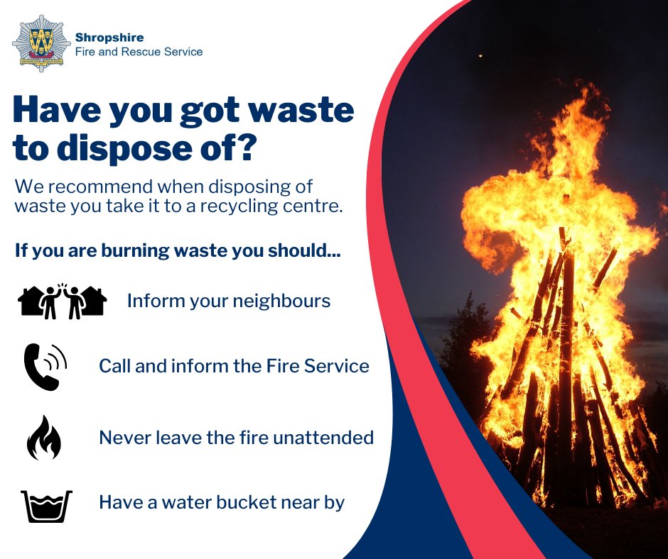 ❗We strongly recommend that you avoid burning green waste in your garden.🔥
Burning waste can be dangerous especially in the warmer weather. 🌞
If you are burning waste in your garden take a look at our tips on how to keep you and your community safe shropshirefire.gov.uk/bonfire-safety