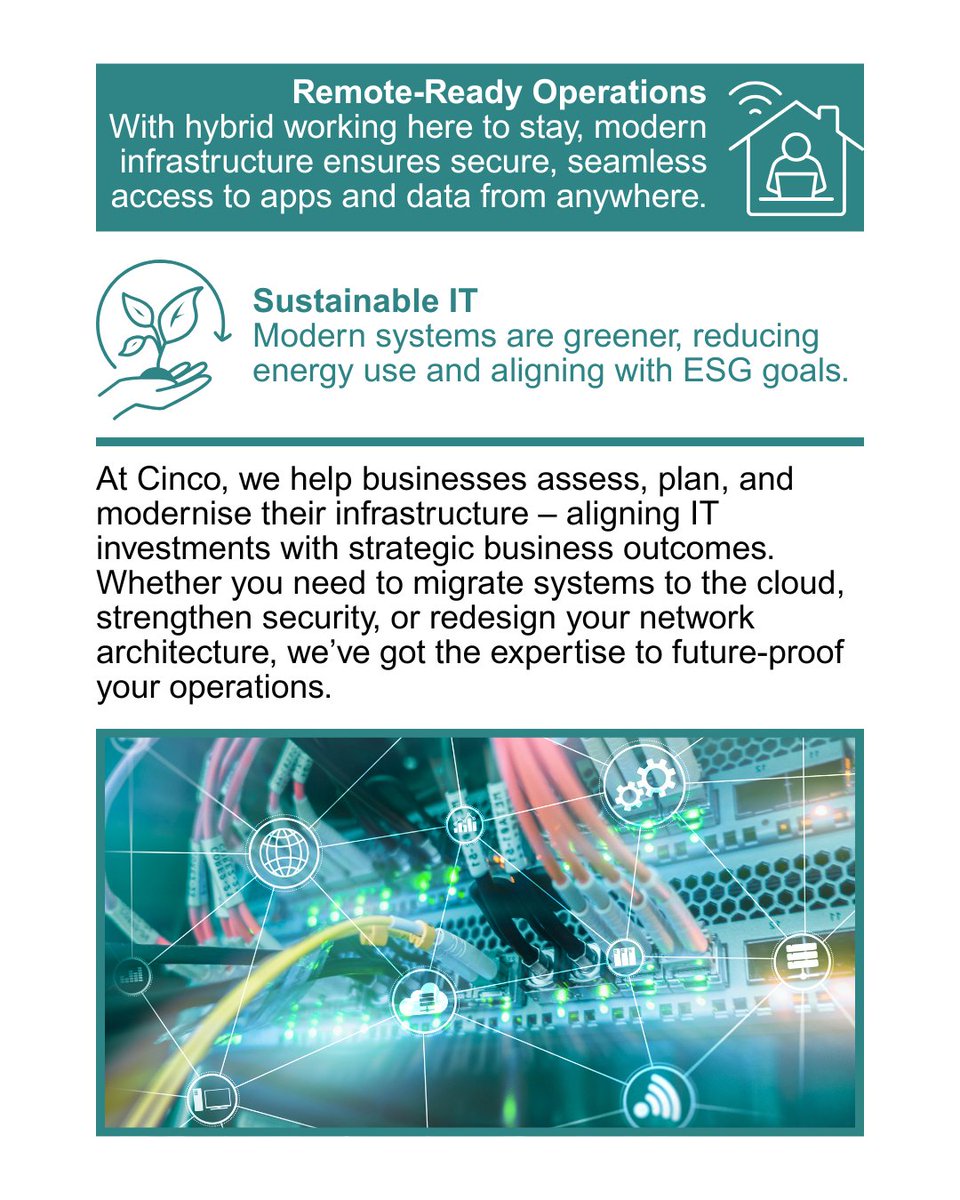 cincoamorltd's tweet image. Future-proof your business with infrastructure modernisation. Boost agility, security &amp;amp; scalability through cloud, automation &amp;amp; smarter IT. Don’t wait, contact Cinco today.

Tel: 02071833065

#InfrastructureModernisation #DigitalTransformation #FutureProof #CyberSecurity #Cinco