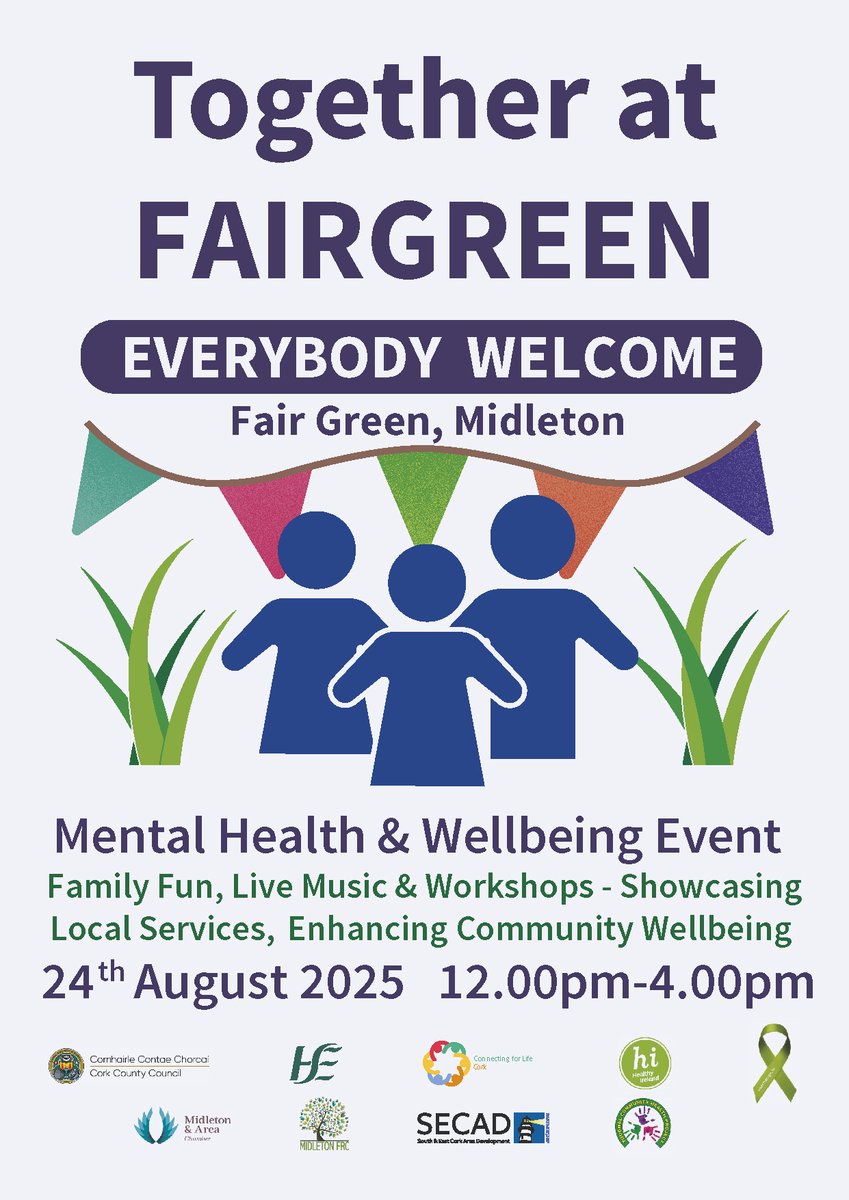 MidletonChamb1's tweet photo. Midleton, this August. "Together at the Fairgreen" a free community event, focused on mental health and well-being and will feature a variety of activities, workshops, and informational spaces.
Come and join us on August 24th, 2025 between 12-4pm for lots of family fun!
#Midleton https://t.co/3VR55jqlu0