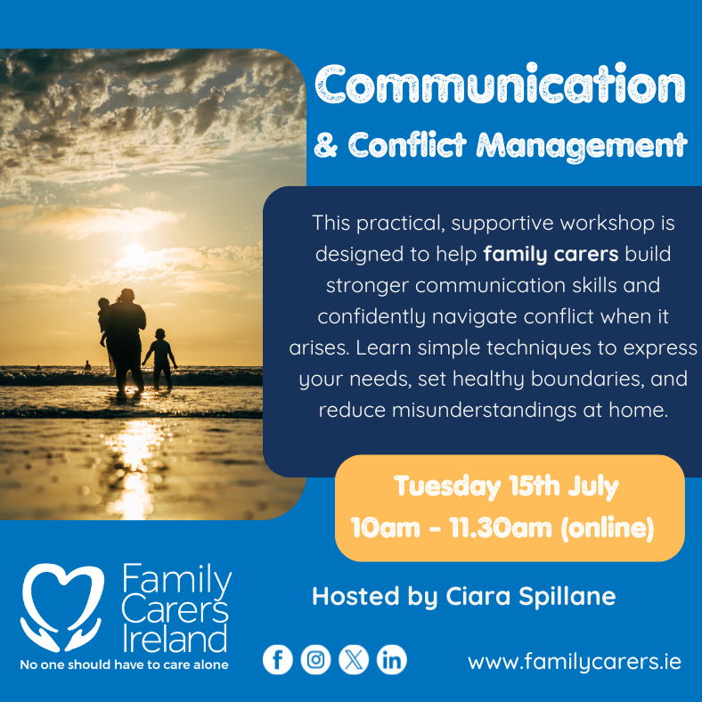 CarersIreland's tweet image. Ciara Spillane joins us for a communication and conflict management workshop on Tues 15th July at 10am.
See eventbrite.ie/e/146951794071…
*This event has been rescheduled from 9th June. If you had previously registered, you will receive the Zoom link and don’t need to register again.*