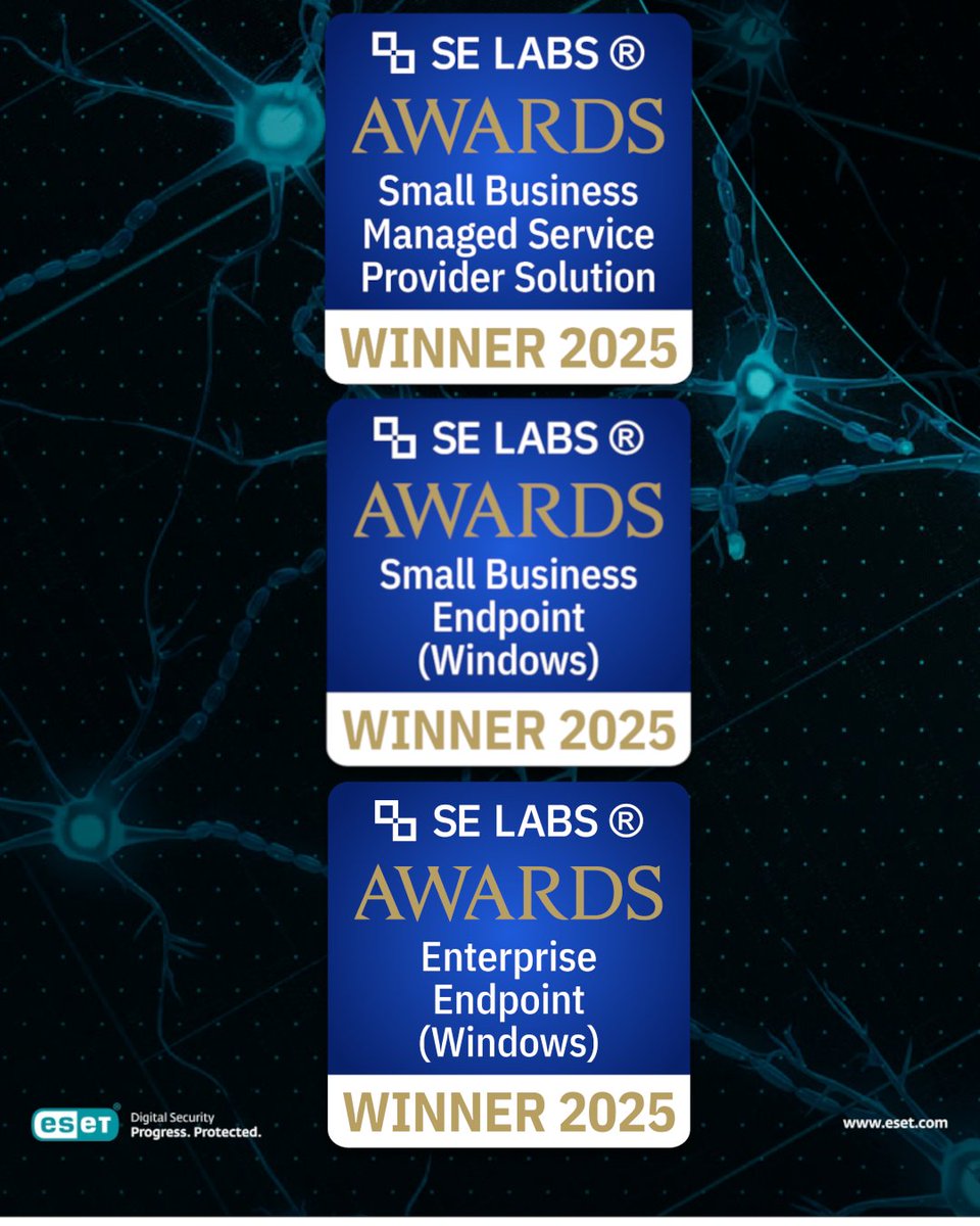 SBSITLtd's tweet photo. 🎉 Congratulations to all the winners at the SE Labs Awards 2025! This confirms to us at SBS IT that ESET are industry leaders and the right choice when it comes to endpoint security products. 🌟 #SELabsAwards #ESET #EndpointSecurity #CyberSecurity https://t.co/IPKiVKaP7Q