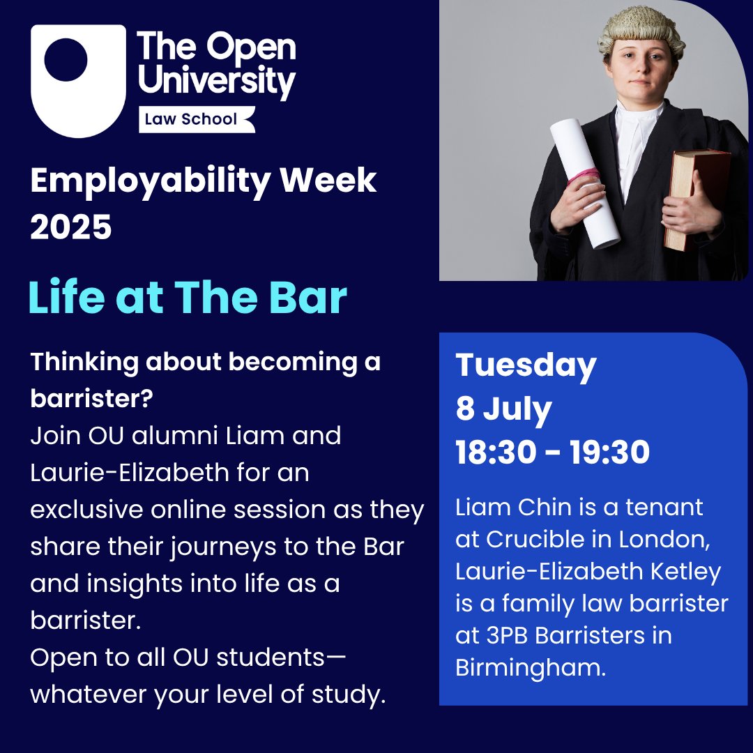🔵🟢 TODAY 18:30 👈🏽

🎓 Thinking about becoming a barrister?

Open to all OU students—whatever your level of study.
Details here..👇
ow.ly/nizL50WgAXg

#OpenUniversity #LawCareers #BarristerPathway #OUAlumni #LegalProfession #BarCouncil
