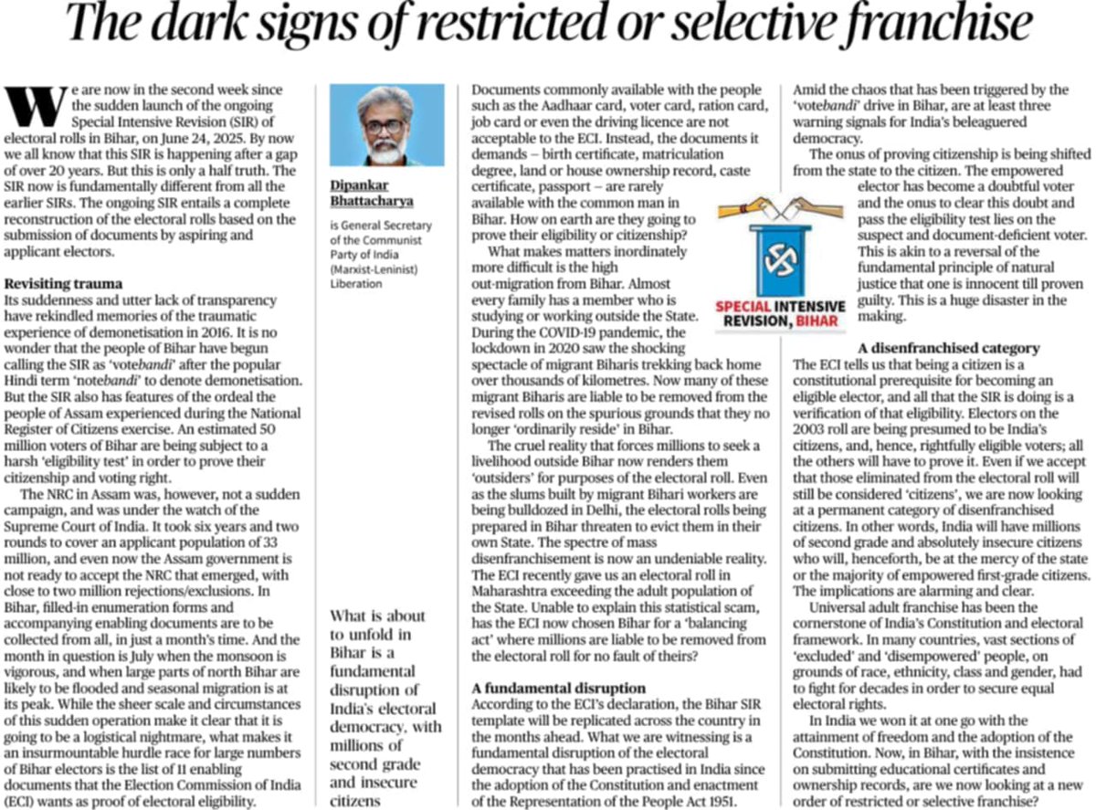 The docs Bihar's common people have access to- Aadhaar card, voter card, ration card, job card, driving licence won't be accepted. Instead birth certificates, matriculation degree, land/ house ownership record, caste certificate, passport are demanded: <a href="/Dipankar_cpiml/">Dipankar</a> #votebandi