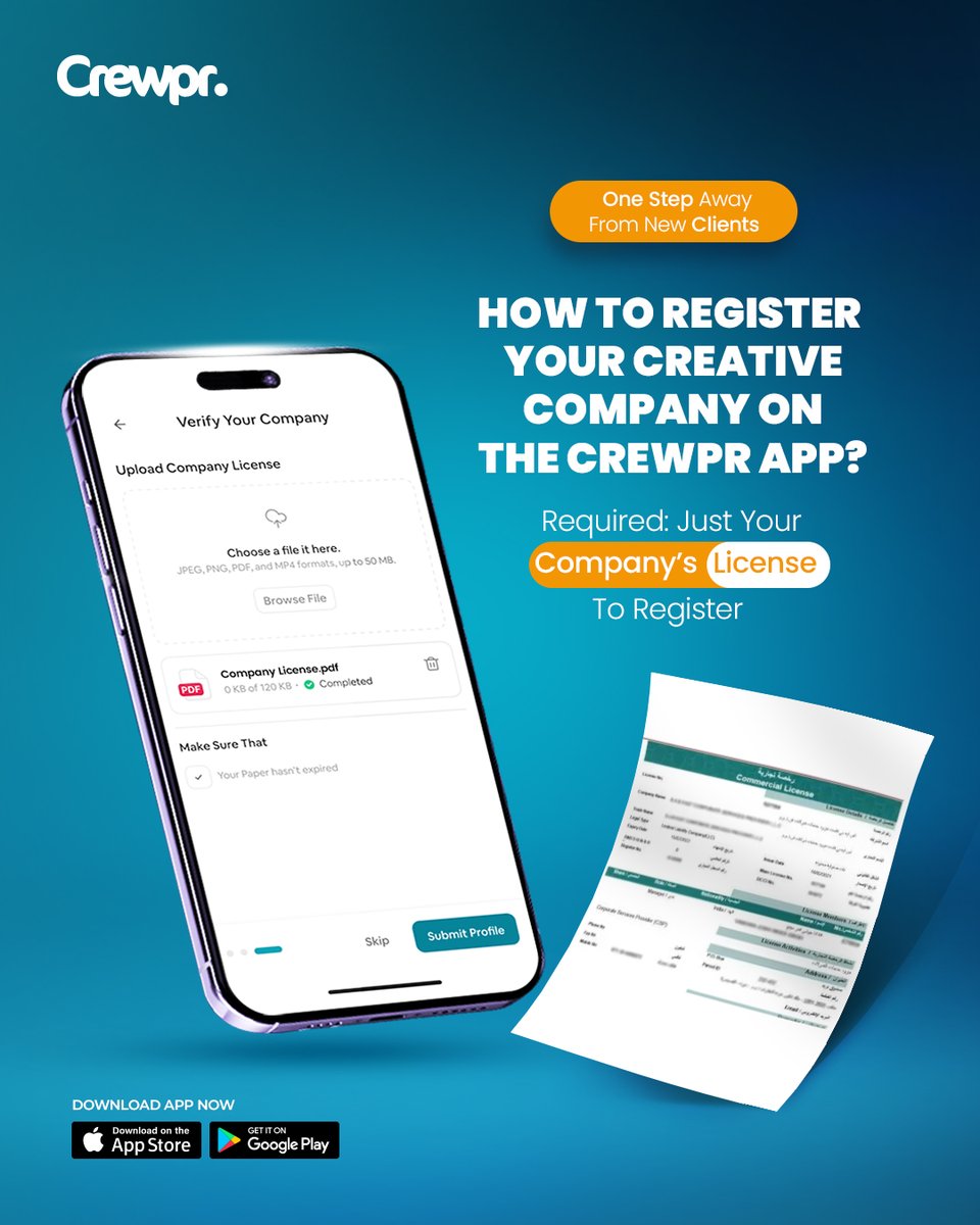Crewpr_App's tweet photo. 🔹 Want to reach more clients? Crewpr has the solution for you!

🔹 Register your company easily by uploading just your company’s license!

Download the Crewpr app and join now!
https://t.co/jszvGW411i https://t.co/pvpOPmPWQj