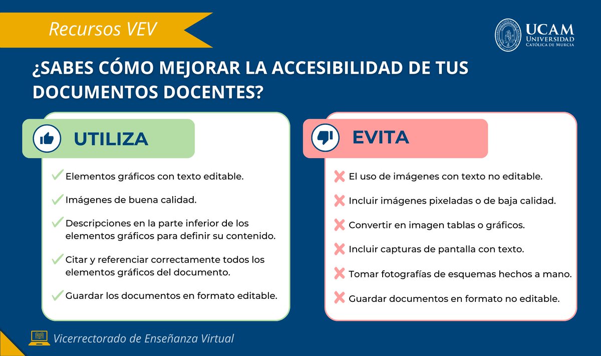 Hoy en nuestra sección de recursos VEV 👉 es muy importante que nuestros documentos sean accesibles para asegurar que su contenido pueda ser comprendido por todos nuestros alumnos 🧐

Para ello, es recomendable que todos los elementos gráficos estén correctamente nombrados y que