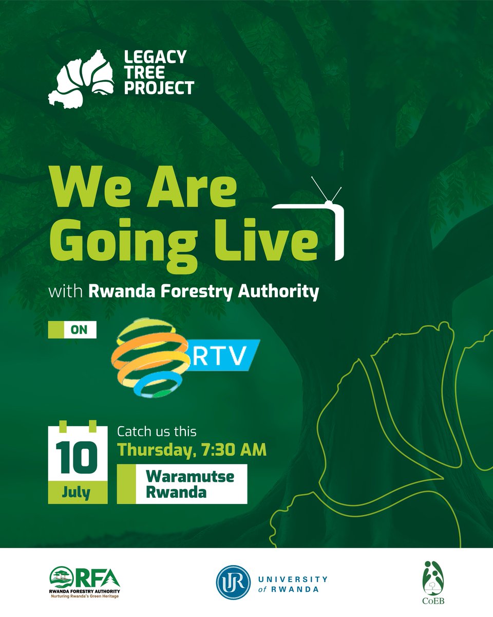 LegacyTreeRw's tweet image. 🔔UPDATES🔔
Tomorrow morning, the @LegacyTreeRw  in collaboration with @RwandaForestry  will be live on RTV&apos;s #WaramutseRwanda from 7:30–8:30 AM. 
📺Tune in to learn more about our efforts to conserve Rwanda’s native legacy trees!