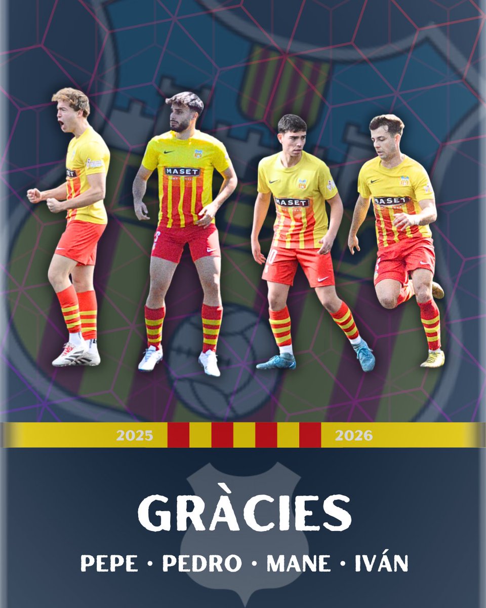 ❌ BAIXES | Pepe Ollé, Pedro Jiménez, Mane Valdivia i Iván Sánchez no continuaran al FC Vilafranca la temporada 2025/26.

Volem agrair el seu esforç i compromís durant tot el temps que han defensat la nostra samarreta i els desitgem molta sort en el futur. 

#LligaElit #futbolcat