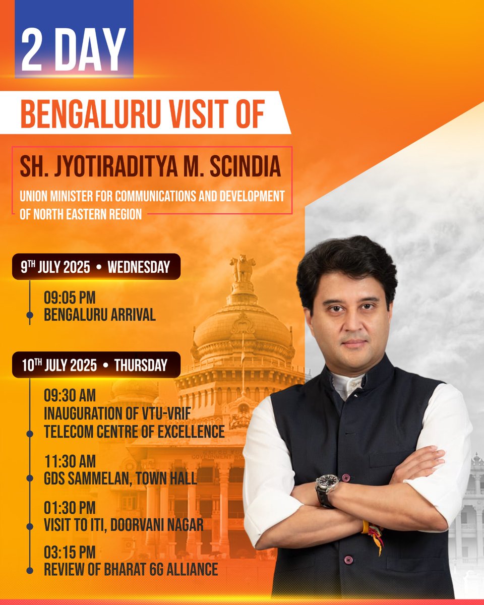 Office Of JM Scindia (@officejmscindia) on Twitter photo Hon’ble Minister <a href="/JM_Scindia/">Jyotiraditya M. Scindia</a> ji will be on a two-day visit to Bengaluru on 9th and 10th July 2025.
During the visit, he will attend key engagements including the Gramin Dak Sevak Sammelan and a review of the Bharat 6G Alliance, among other important events. Hon’ble Minister <a href="/JM_Scindia/">Jyotiraditya M. Scindia</a> ji will be on a two-day visit to Bengaluru on 9th and 10th July 2025.
During the visit, he will attend key engagements including the Gramin Dak Sevak Sammelan and a review of the Bharat 6G Alliance, among other important events.