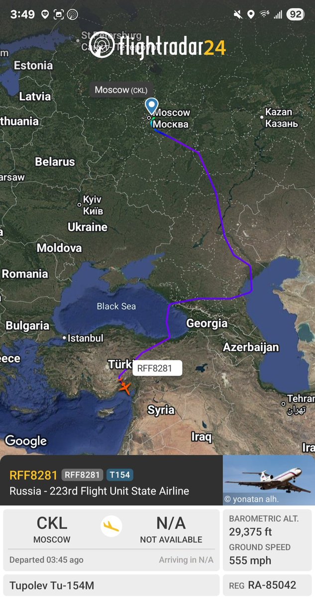 Borrowed7Time's tweet photo. Russia 223rd Flight Unit State Airline Tu-154M RA-85042 #154C32 as RFF8281 departed Moscow (CKL), en route to Khmeimim AB in Latakia,Syria.
@sipjack1776 @thereccelizard @holgidaun @RBbethetruth @Dinlas3 https://t.co/0QT4g4VEEq