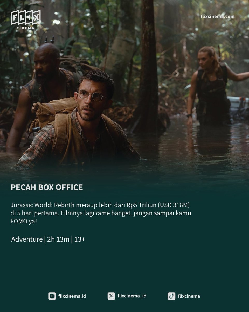 Jurassic World: Rebirth siap bawa kamu ke petualangan baru yang penuh ketegangan dan kejutan!

Yang belum nonton Jurassic World: Rebirth, kalian ketinggalan box office terbesar minggu ini! Cek jadwal filmnya sekarang di flixcinema.com, ASRI Living, dan LOKET Screen 🎬✨