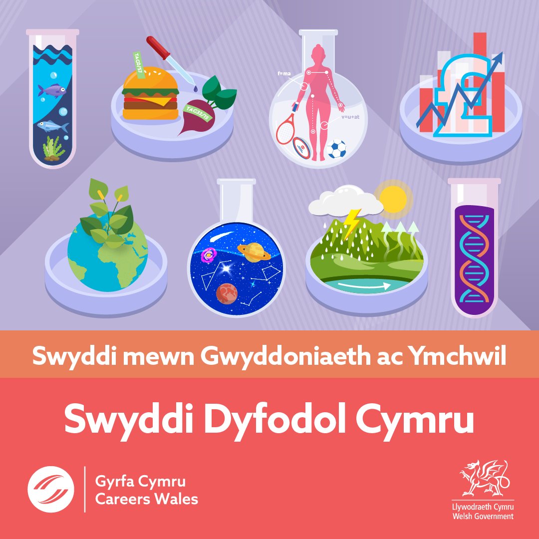 Mae'r diwydiant Gwyddoniaeth ac Ymchwil yn newid yn gyflym iawn 🧪

Os ydych yn llawn brwdfrydedd am ymchwilio, datrys problemau, archwilio, a darganfod, efallai y bydd gyrfa mewn Gwyddoniaeth ac Ymchwil yn addas i chi 🔎👩🏼‍🔬

Am fwy o wybodaeth, ewch i: gyrfacymru.llyw.cymru/swyddi-dyfodol…