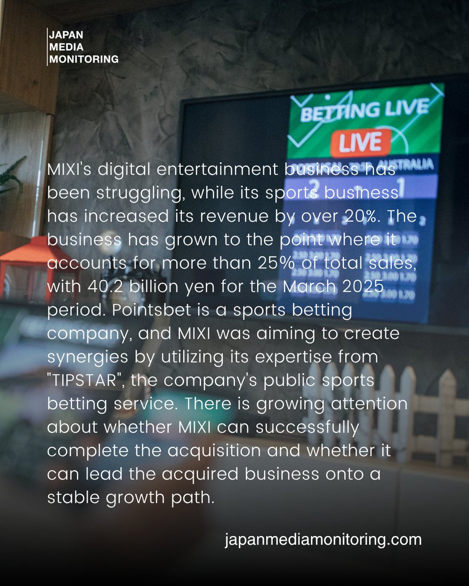 JPN_MM's tweet photo. MIXI's acquisition of Pointsbet had not been approved by its General Meeting of Shareholders. The M&amp;A is an important step in the global expansion of MIXI's sports business, and the company is now at a critical point.

(Source: @Dime)

#SportsBetting #Japan #News #JapanNews https://t.co/Qx9fbYWWTt