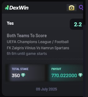 Xyronis ๐
(@onchainverse) on Twitter photo โฝ FK Zalgiris vs Hamrun Spartans!
Dropped 350 $USDT on Both Teams to Score to win 770 $USDT ๐ฅ
Best betting odds in UEFA Champions League qualifications games today!
Only on <a href="/DexWin_Sports/">DexWin Crypto Betting</a> โ zero fees, no KYC, and Web 3.0 betting magic! โฝ FK Zalgiris vs Hamrun Spartans!
Dropped 350 $USDT on Both Teams to Score to win 770 $USDT ๐ฅ
Best betting odds in UEFA Champions League qualifications games today!
Only on <a href="/DexWin_Sports/">DexWin Crypto Betting</a> โ zero fees, no KYC, and Web 3.0 betting magic!