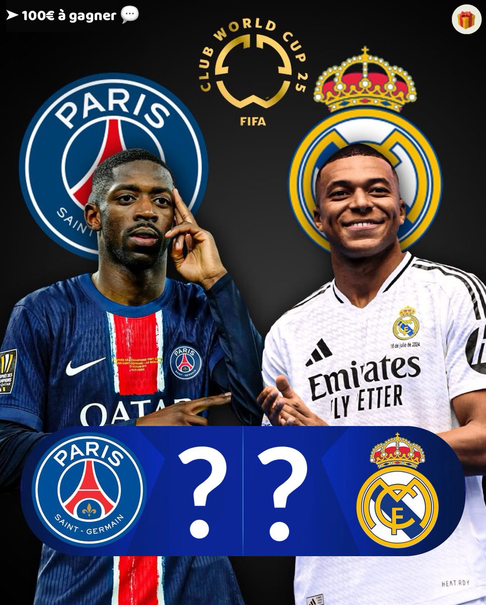 𝗝’𝗼𝗳𝗳𝗿𝗲 𝟭𝟬𝟬,𝟬𝟬€ à celui qui trouve le score exact du match PSG - REAL MADRID ✔️ 

RT ♻️ LIKE ❤️ Follow moi👤+ Commente le score exact pour participer 💬👇🏻

(Si plusieurs gagnants tirage au sort entre les gagnants) #PSGRMA