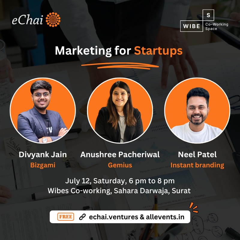 Wibes Coworking Space (@wibescoworking) on Twitter photo 🚀 Marketing for Startups – Surat Edition
📅 12 July | 🕕 6–8 PM
📍 Wibes Coworking, APMC Krushi Bazaar, 9th Floor
Join founders, devs & marketers for insightful sessions + Q&A!
🎤 Hosted by <a href="/eChaiVentures/">eChai Ventures</a> x Wibes
🎟 Free Reg: echai.ventures/events/marketi… 🚀 Marketing for Startups – Surat Edition
📅 12 July | 🕕 6–8 PM
📍 Wibes Coworking, APMC Krushi Bazaar, 9th Floor
Join founders, devs & marketers for insightful sessions + Q&A!
🎤 Hosted by <a href="/eChaiVentures/">eChai Ventures</a> x Wibes
🎟 Free Reg: echai.ventures/events/marketi…