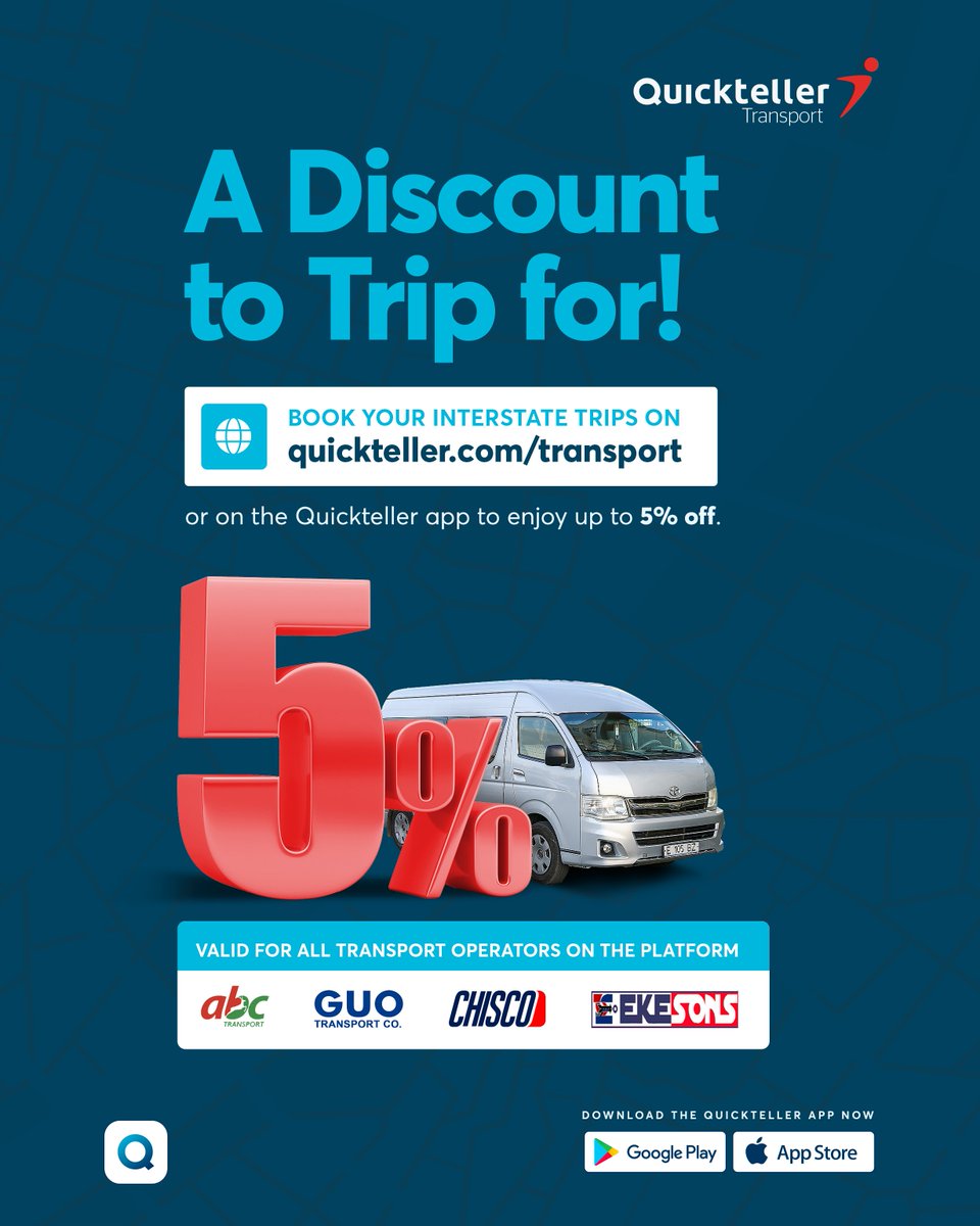 Traveling soon? Save more on every ride!
Get 5% OFF your interstate transport bookings when you book with Quickteller Transport 🚍

✅ ABC
✅ GUO
✅ Chisco
✅ Ekesons

Book now at quickteller.com/transport or on the Quickteller app.

#Quickteller
#QuicktellerTransport