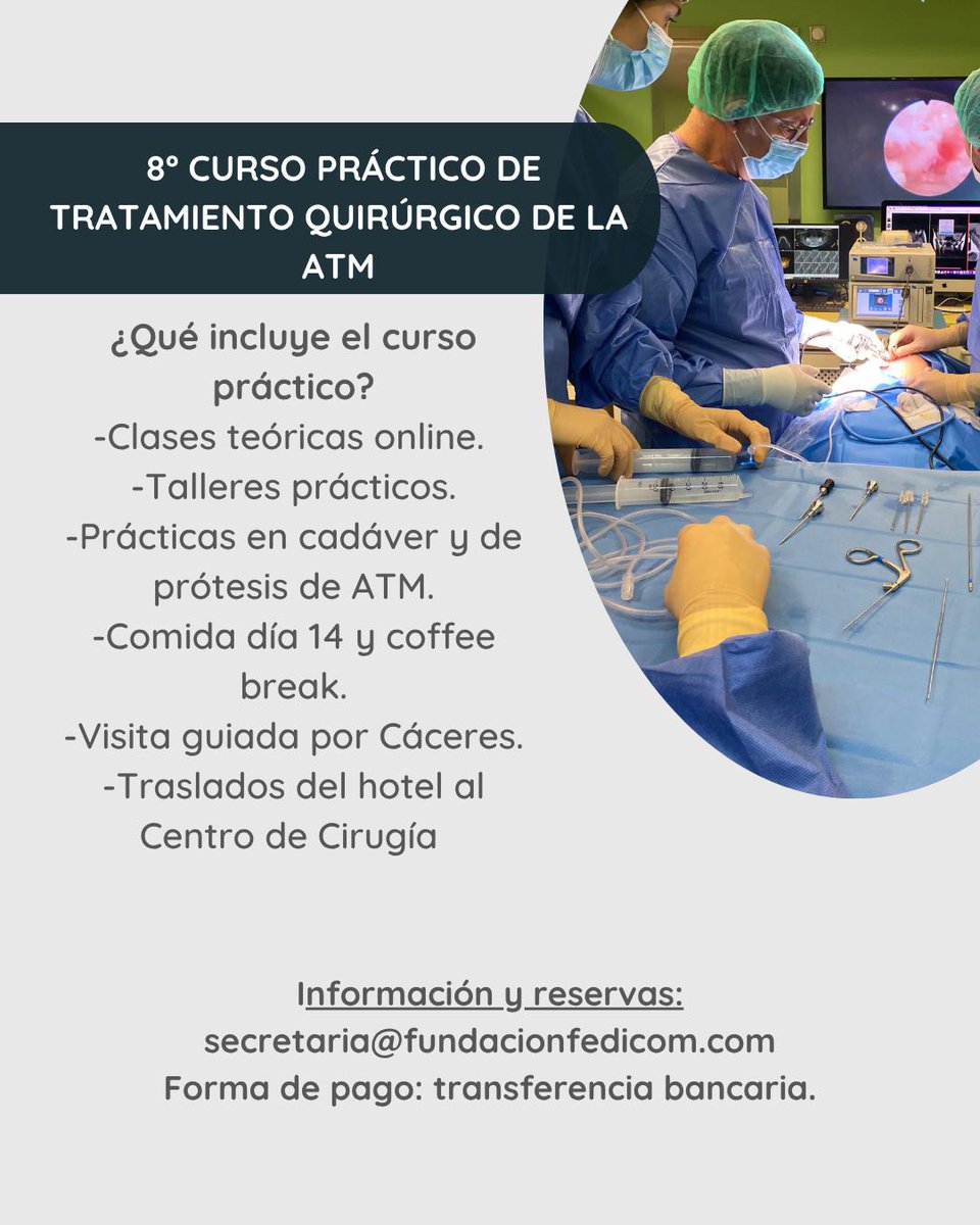 CICOM Monje (@clinicacicom) on Twitter photo Últimas plazas disponibles para el Curso Internacional de Cirugía de ATM. Dos modalidades 🔽
📌 Teórico: comienzo de las clases online en septiembre de 2025.
📌 Práctico: días 13 y 14 de noviembre en <a href="/ccmijesususon/">CCMIJU - JUMISC</a>
Información: secretaria@fundacionfedicom.com Últimas plazas disponibles para el Curso Internacional de Cirugía de ATM. Dos modalidades 🔽
📌 Teórico: comienzo de las clases online en septiembre de 2025.
📌 Práctico: días 13 y 14 de noviembre en <a href="/ccmijesususon/">CCMIJU - JUMISC</a>
Información: secretaria@fundacionfedicom.com