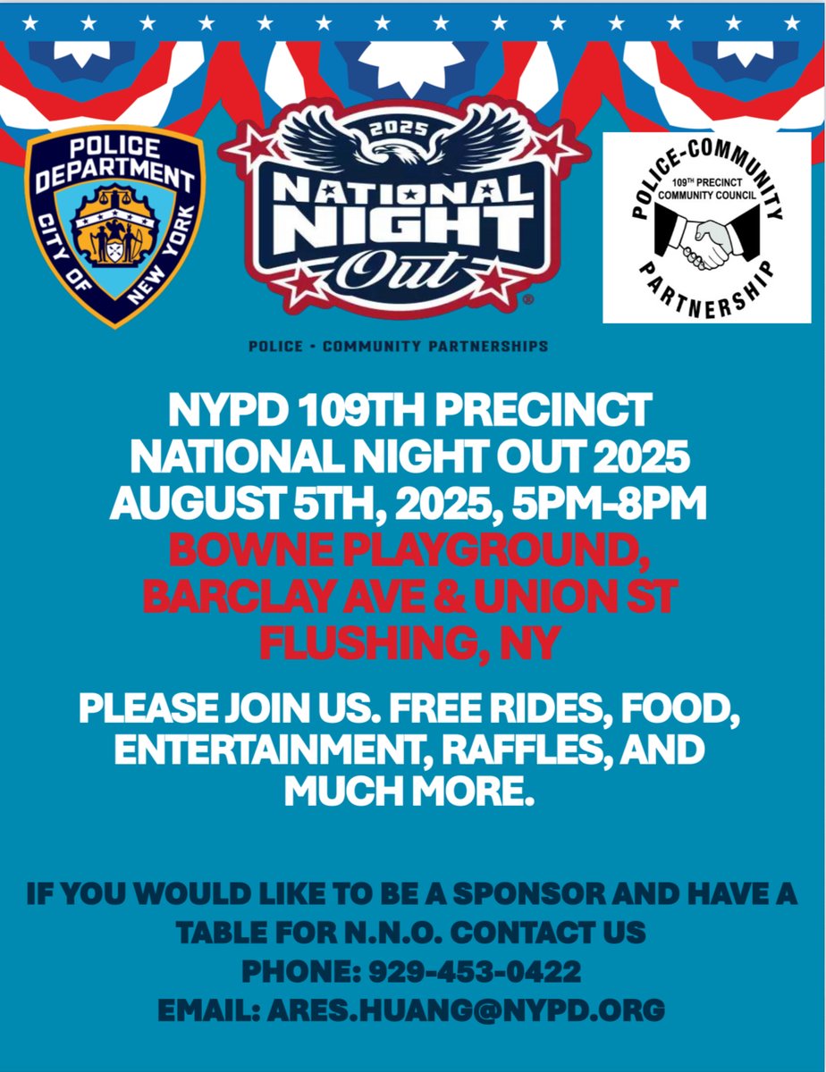 NYPD109Pct's tweet image. Join us for a National Night Out Against Crime on Tuesday, August 5, 2025, 5-8PM at Bowne Playground (Barclay Ave & Union St). #NNO #NNO2025 #109pct
The event will feature music, food, and entertainment while taking a stand against crime!