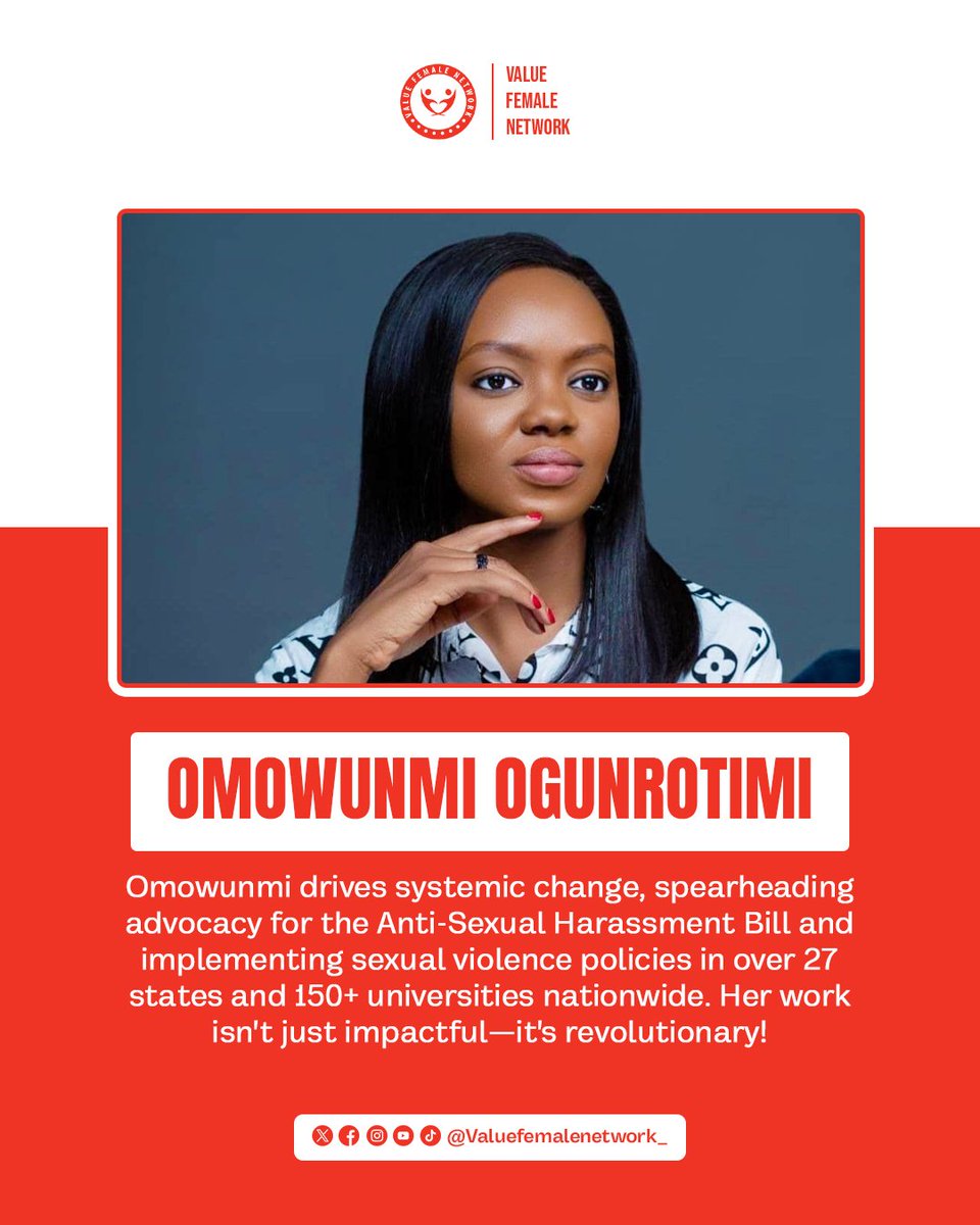 Omowunmi drives systemic change, spearheading advocacy for the Anti-Sexual Harassment Bill and implementing sexual violence policies in over 27 states and 150+ universities nationwide. Her work isn't just impactful—it's revolutionary! #ValueFemaleNetwork #EndGBV #ConqueringGBV