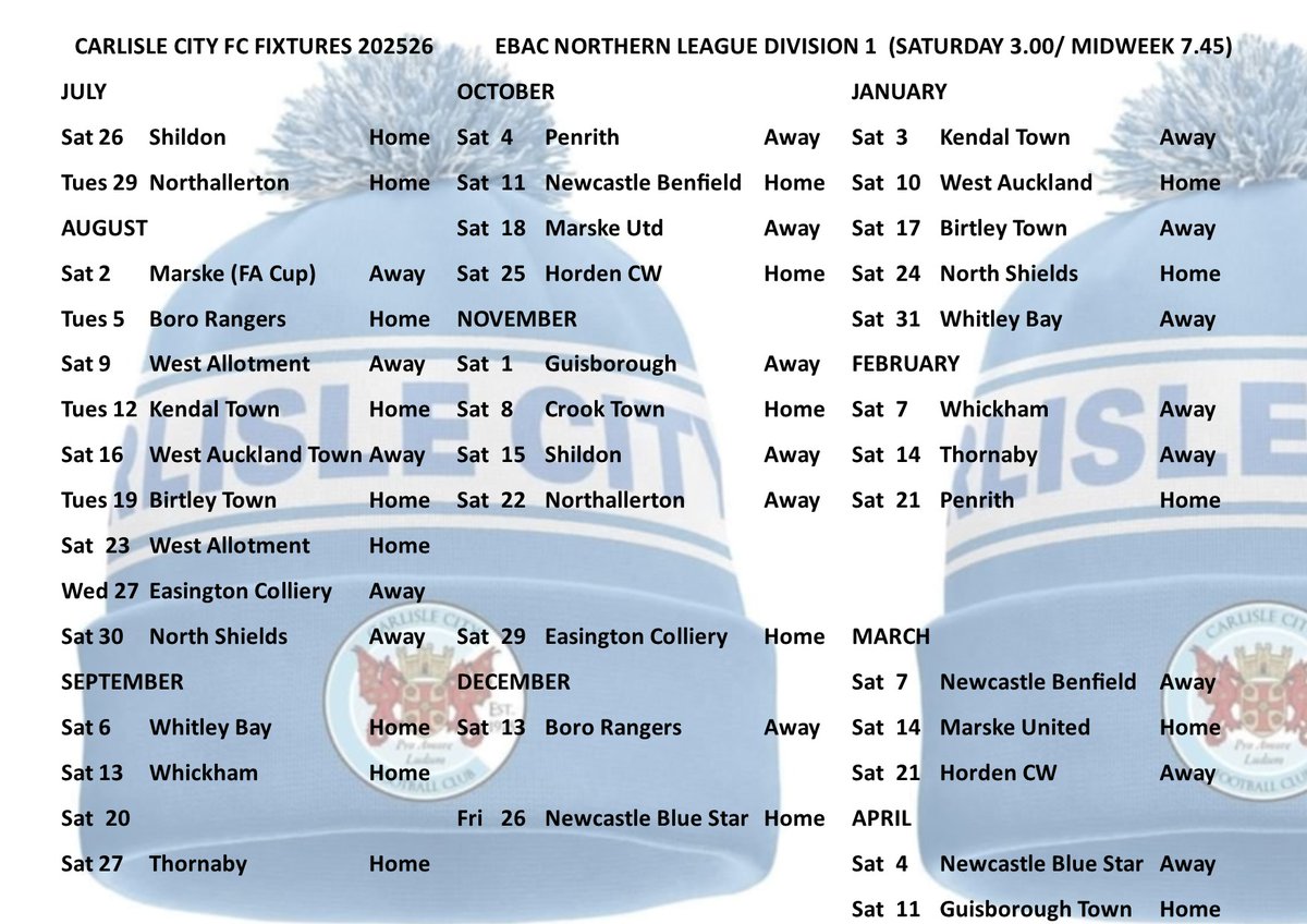FIXTURE CHANGES- a home fixture with West Allotment has been moved  from December into August, giving an incredible 9 fixtures in one month.
The strain this places on players, volunteers and supporters must be recognised, and surely this fixture planning could be more balanced