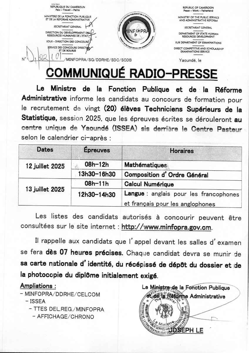 MINFOPRA officiel (@minfopra_gov) on Twitter photo Communiquรฉ radio-presse, ร  l'attention des candidats au concours de formation des 12 et 13 juillet 2025 pour le recrutement de 20 รฉlรจves Techniciens Supรฉrieurs de la Statistique ร  l'ISSEA de Yaoundรฉ, session 2025/- Communiquรฉ radio-presse, ร  l'attention des candidats au concours de formation des 12 et 13 juillet 2025 pour le recrutement de 20 รฉlรจves Techniciens Supรฉrieurs de la Statistique ร  l'ISSEA de Yaoundรฉ, session 2025/-