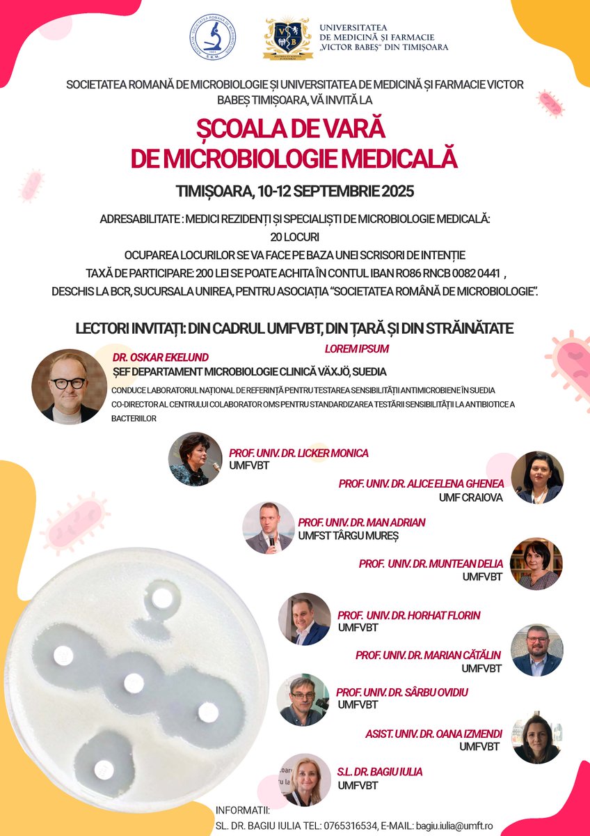 📯 Societatea Română de Microbiologie și Universitatea de Medicină și Farmacie „Victor Babeș” din Timișoara, are plăcerea să vă invite să participați la Școala de vară de Microbiologie medicală.

PROGRAM 👇
🔗 umft.ro/wp-content/upl…

ℹ️ umft.ro/event/scoala-d…
