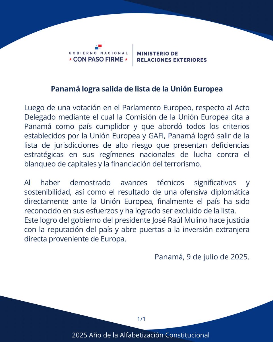 •Comunicado Oficial • Panamá logra salida de lista de la Unión Europea.