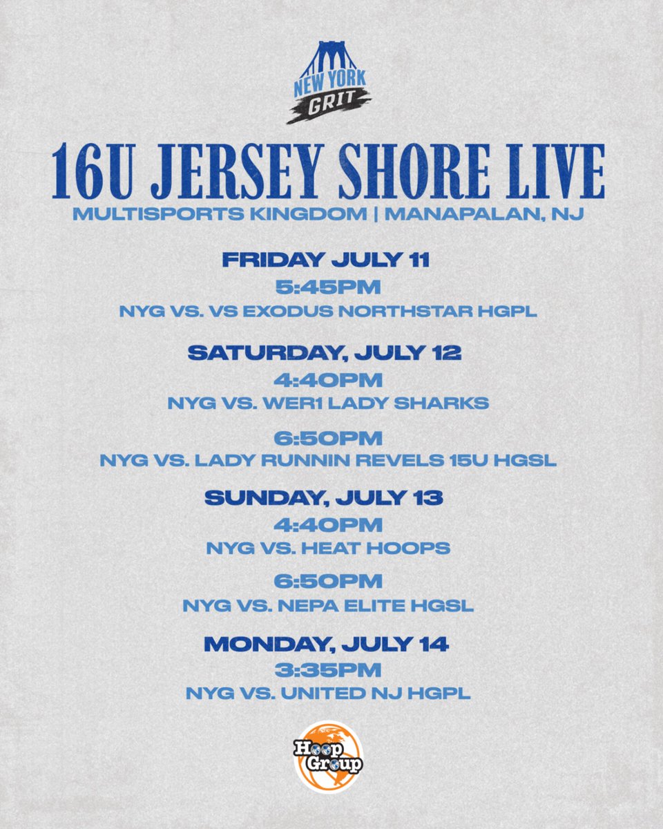 16U GRIT is headed to the Jersey Shore Live 🌊🏀 this weekend at the Multi Sports Kingdom in Manalapan, NJ from Friday, July 11th – Monday, July 14th. Let’s get to work 💪 Courts TBD.

#GRITstrong #jerseyshorelive #girlsbasketball #liveperiod #nycbasketball #brooklynbasketball