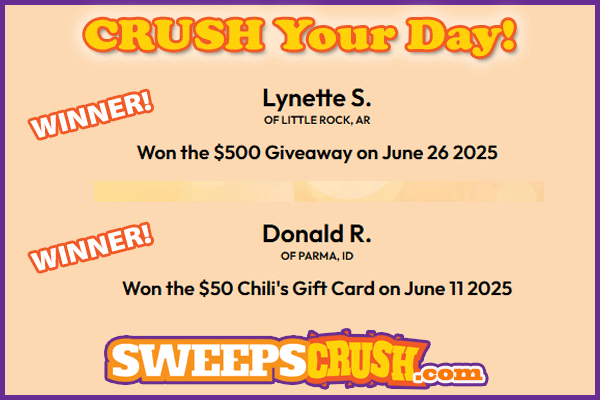 SweepsCrush's tweet photo. 🏆Congrats to our June #Winners!🏆

🧡Crush your day with free entries to #win up to $125,000 Cash: https://t.co/NvJev45iX5 https://t.co/mwKsccje0G