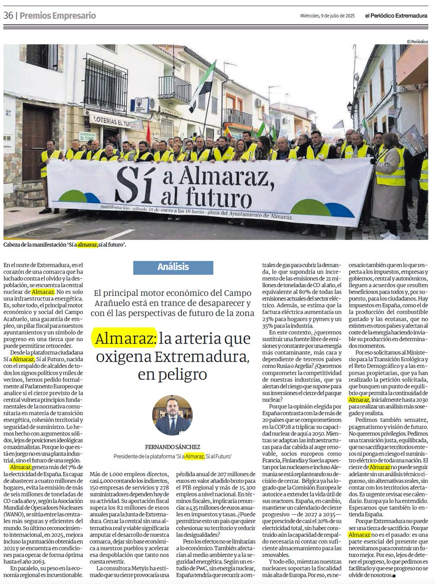 SiAlmaraz's tweet photo. "Almaraz: la arteria que oxigena Extremadura, en peligro"
El análisis del presidente de @SiAlmaraz, Fernando Sánchez, en el @EPExtremadura.

💥 "No podemos permitirnos cerrarla sin un plan alternativo realista".
📉 "Destruir sin construir... sería un suicidio económico, social y medioambiental".
🧨 "Cerrar Almaraz es amputar empleo, industria y territorio".

📰 Tribuna completa en El Periódico Extremadura:
https://t.co/tJU6piVcTl
#SíAlmaraz #EnergíaNuclear #TransiciónEnergética #Sostenibilidad