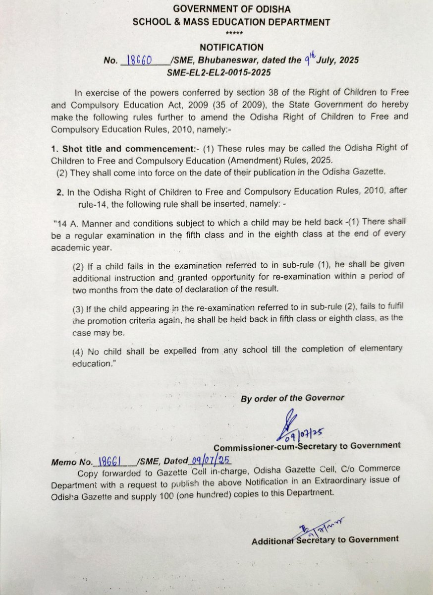 NityanandaBJP's tweet image. ଶିକ୍ଷାରେ ଗୁଣବତ୍ତାକୁ ପ୍ରାଧାନ୍ଯ ଦିଆଯାଇ ବିଦ୍ୟାଳୟ ପରୀକ୍ଷା ନିୟମରେ କିଛି ସୁଧାର କରାଯାଇଅଛି। ପରୀକ୍ଷାରେ ପଞ୍ଚମ ଓ ଅଷ୍ଟମ ପିଲାଙ୍କ ପାଇଁ ନୂଆ ନିୟମ ଲାଗୁ କରାଯାଇଛି। ପରୀକ୍ଷାରେ ଫେଲ୍‌ ହେଲେ ୨ ମାସରେ ପୁନଃ ପରୀକ୍ଷା ଦେବେ ଏବଂ ପୁଣିଠାରେ ଫେଲ୍‌ ହେଲେ ସେହି ଶ୍ରେଣୀରେ ଅଧ୍ୟୟନରତ ରହିବେ। ପ୍ରାଥମିକ ଶିକ୍ଷା ସଂପୂର୍ଣ୍ଣ ସମାପ୍ତ…