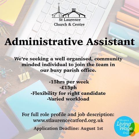 StLSE6's tweet image. Role within our busy parish office. Applications deadline Friday, 1st August. Share with your network and friends - full spec available in bio.
#werehiring #londonjobs #adminassistant