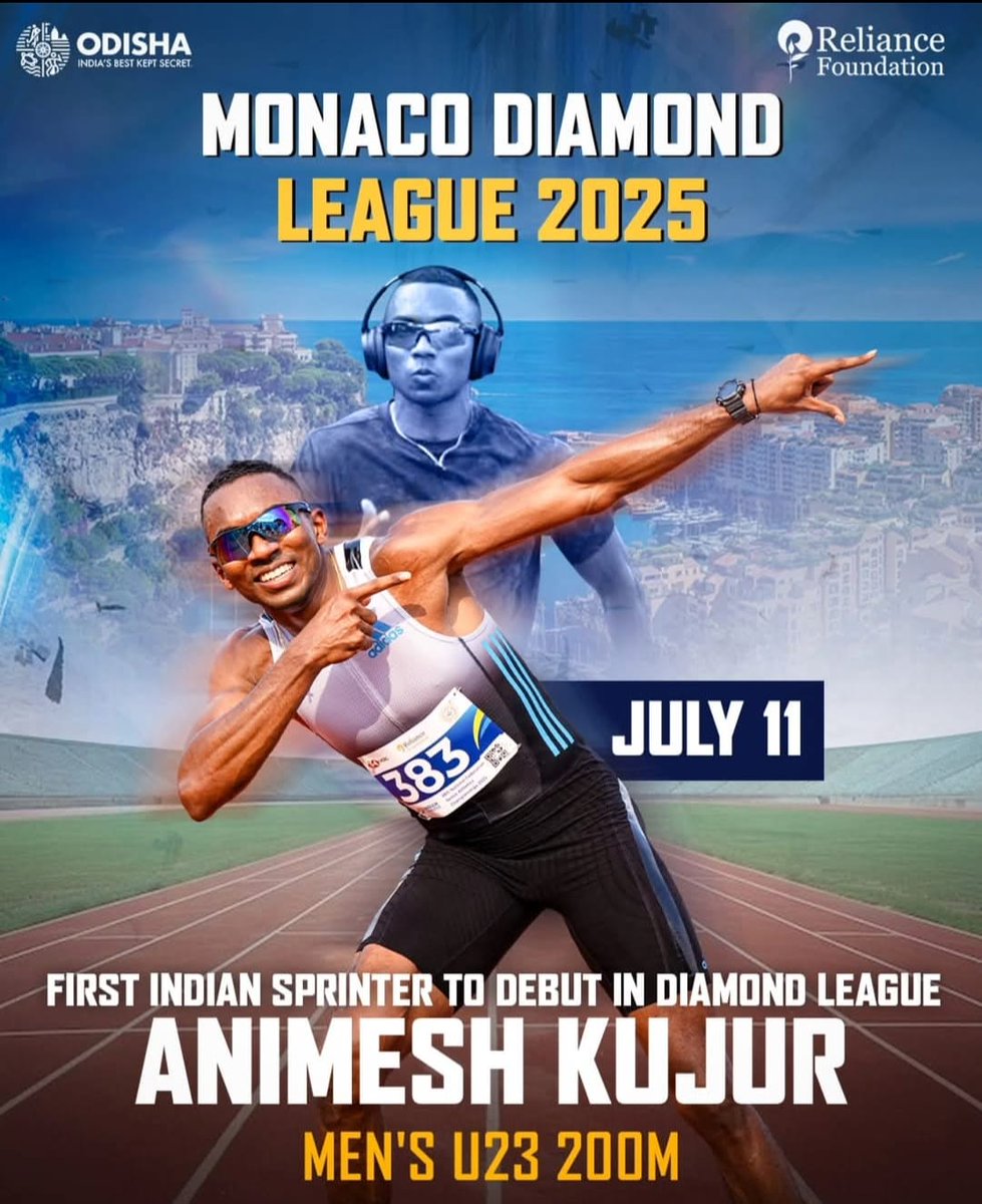 sports_odisha's tweet photo. #Odisha’s sprint sensation Animesh Kujur is all set to represent India in the 200m at the Monaco Diamond League 2025 on 11th July. A landmark moment as he becomes the first Indian sprinter from the sprints discipline to compete at the prestigious Diamond League.

Best wishes Animesh!

#OdishaForSports #DiamondLeague #Athletics